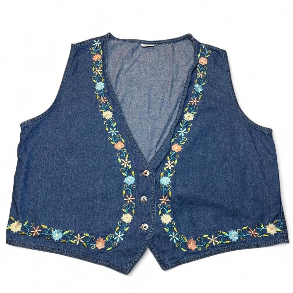 VTG Stonybrook Floral Embroidered Denim Vest 2X Grandmacore Boho 90s Grandmacore